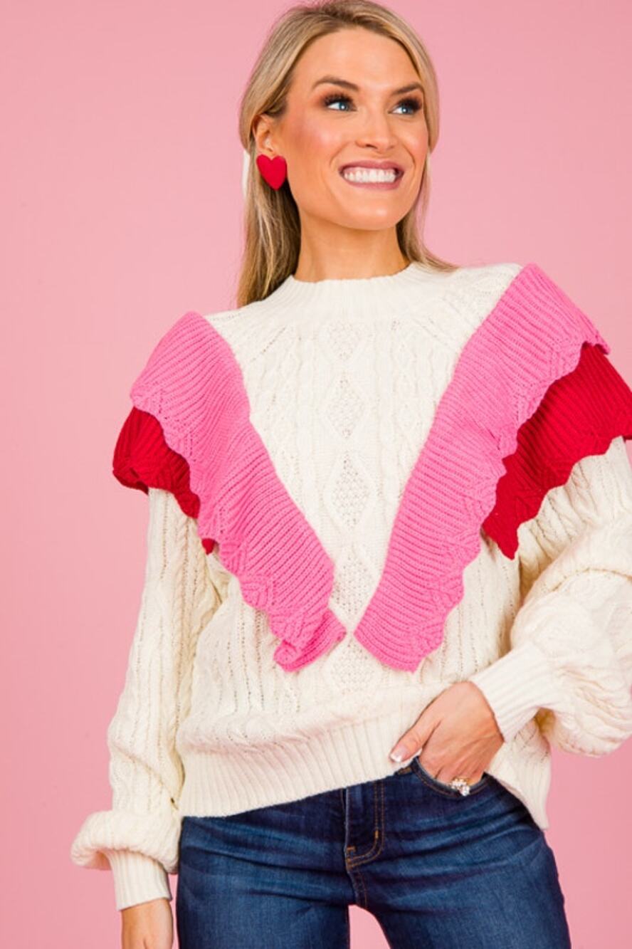 Strut & Bolt Women’s Cableknit Ruffle Sweater Sz L Pink Feminine